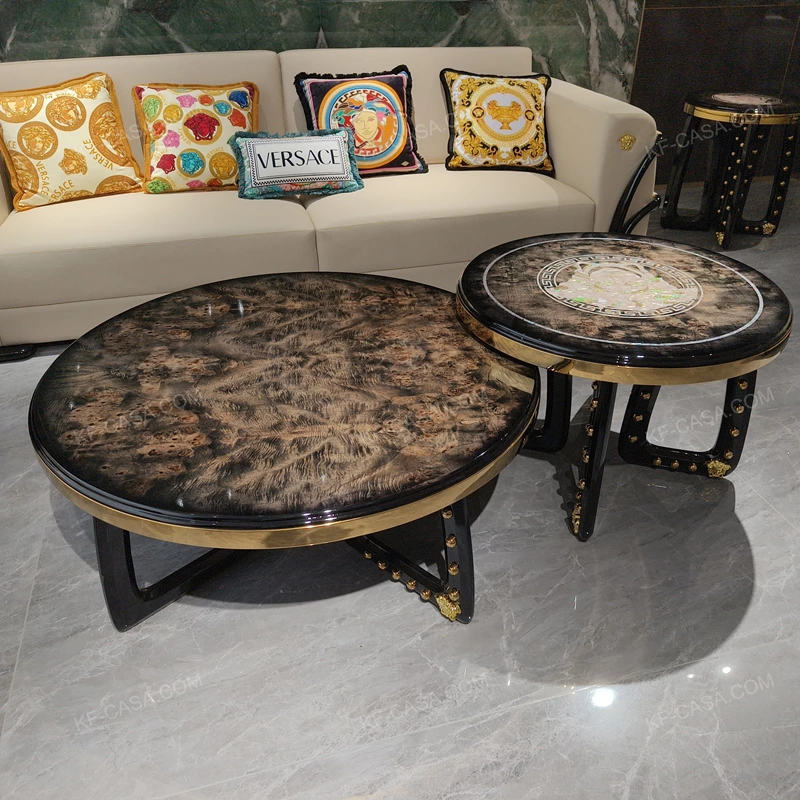 Luxury Nesting Coffee Tables with High-Gloss Wood Veneer and Decorative Metal Accents